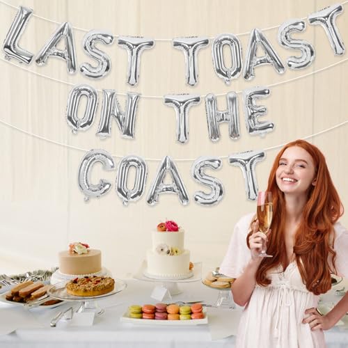 Image of Last Toast On The Coast Bachelorette Party Decor Sliver Last Toast On the Coast Balloon Banner Diamond Ring Champagne Balloon Beach Bachelorette Decor for Nautical Coastal Summer Pool Party