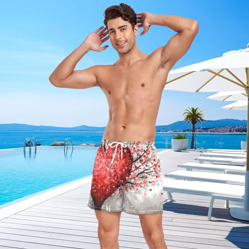 Mens Swim Trunks with Liner, Tree Heart Red Cool Quick Dry Beach Swim Shorts, Swimwear Bathing Suits S4
