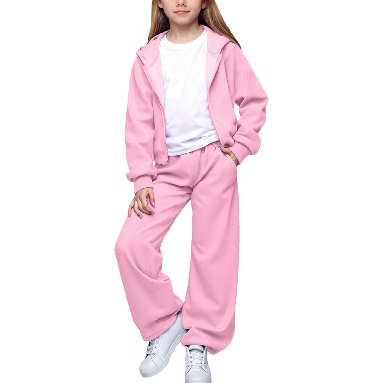 amropi Ensemble 3 Pièces Fille Sweat à Capuche et T-Shirt et Pantalon Large Survêtement Tenue de Sport pour 7-12 Ans