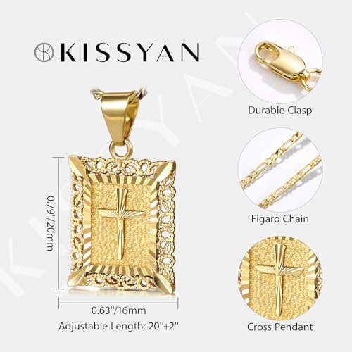 KissYan Cross Pendant Necklace for Women Men, 14K Gold Plated Square Faith Christian Figaro Chain Delicate Religious Jewelry Gifts2