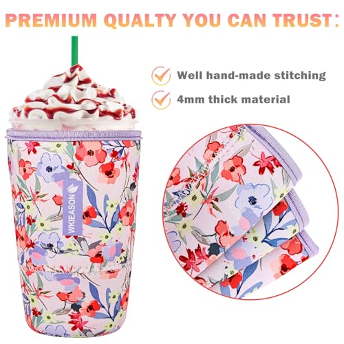 Image of Reusable Iced Coffee Cup Insulator Sleeve for Cold Beverages and Neoprene Cold Coffee Cup Sleeves Cooler Cover 16-32OZ for Coffee Cups, McDonalds, Dunkin Donuts, More (Flower Red)