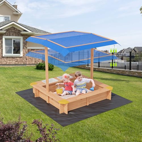 Wood Sandbox with Canopy, Outdoor Play Area with Side Buckets and Drainage Liner for Kids Ages 1-3, Sand Pit with Cover Bottom Liner for Backyard Garden Beach