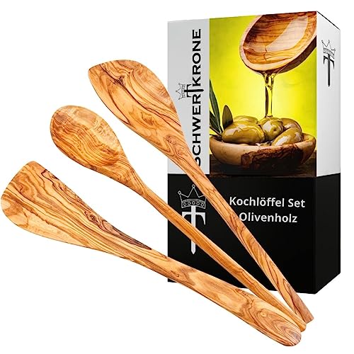 Schwertkrone - Set di cucchiai da cucina, in legno d'ulivo, spatole da cucina, cucchiaio da risotto, a punta e arrotondati (set da 3 pezzi)