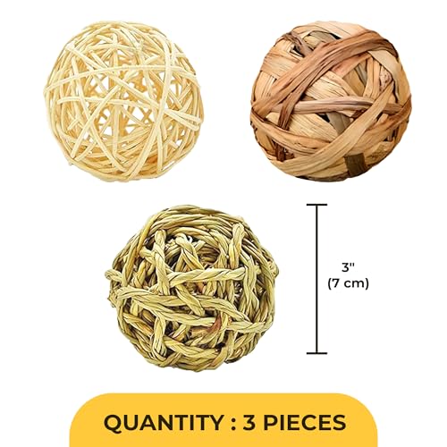 Image of SunGrow 3 Pack Rabbit Chew Ball, Assorted Grass Teething Toy for Small Pocket Pet, Dental Wear Support, Boredom Relief Activity, Safe Woven Treat Enrichment for Bunny Guinea Pig Hamster Rat
