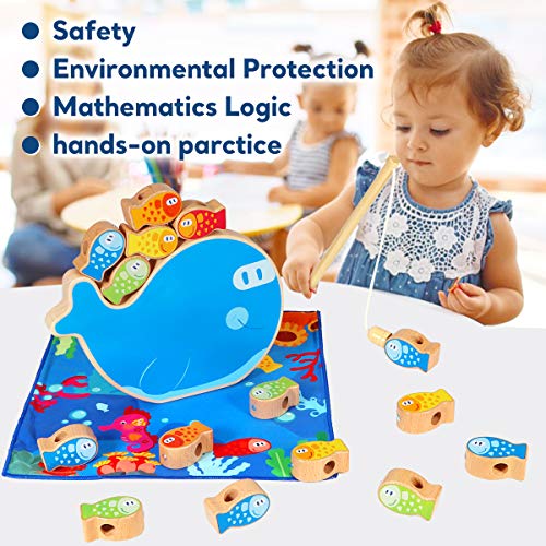 Aitey Fishing Game, 4 in 1 Wooden Magnetic Fishing Toys Montessori Sorting Stacking Fine Motor Skill Toys for Toddlers 2 3 4 Years Old Boys Girls