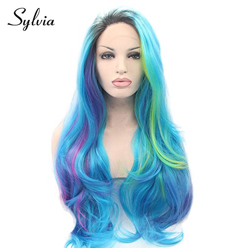 Sylvia 24" Blue/Yellow/Green/Purple Mixed Color Ombre Natural Wave Synthetic Lace Front Wigs Natural Body Wave with Dark Roots 180% Density Glueless Heat Resistant Fiber Replacement Hair
