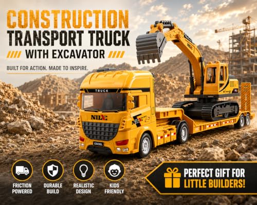 Image of Friction Powered Construction Transport Truck with Excavator Toy for Kids | Car Carrier Trucks with Movable Arm & Detachable Trailer| Engineering Vehicle for Boys & Girls (Multicolor)