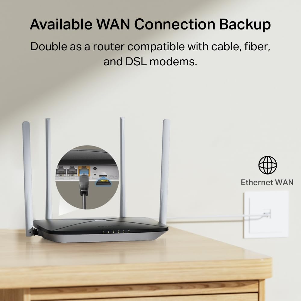 Mercusys Routeur MB135-4G LTE avec Nano SIM, 4G Cat4 jusqu'à 150 Mbit/s, Wi-FI Double Bande AC1200, 4 Ports 100 Mbps, Plug and Play, jusqu'à 64 appareils, Application MERCUSYS