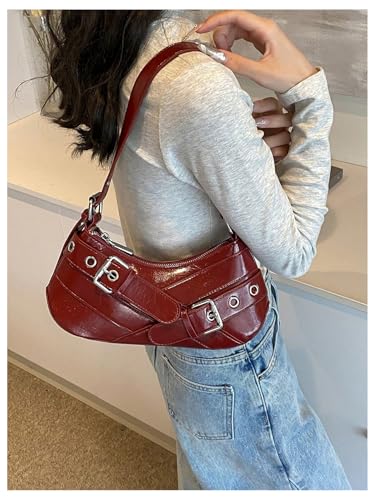 OYOANGLE Women's Buckled Punk Shoulder Bags Zipper Top Handle Handbags Y2k Adjustable Strap Underarm Bags3