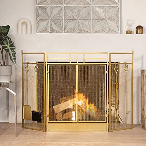 Image of Barton 48 inch Fireplace Screen 3-Panel Folding Magnetic Doors with 4-Pieces Fire Place Tools Set Steel Fire Spark Guard, Gold