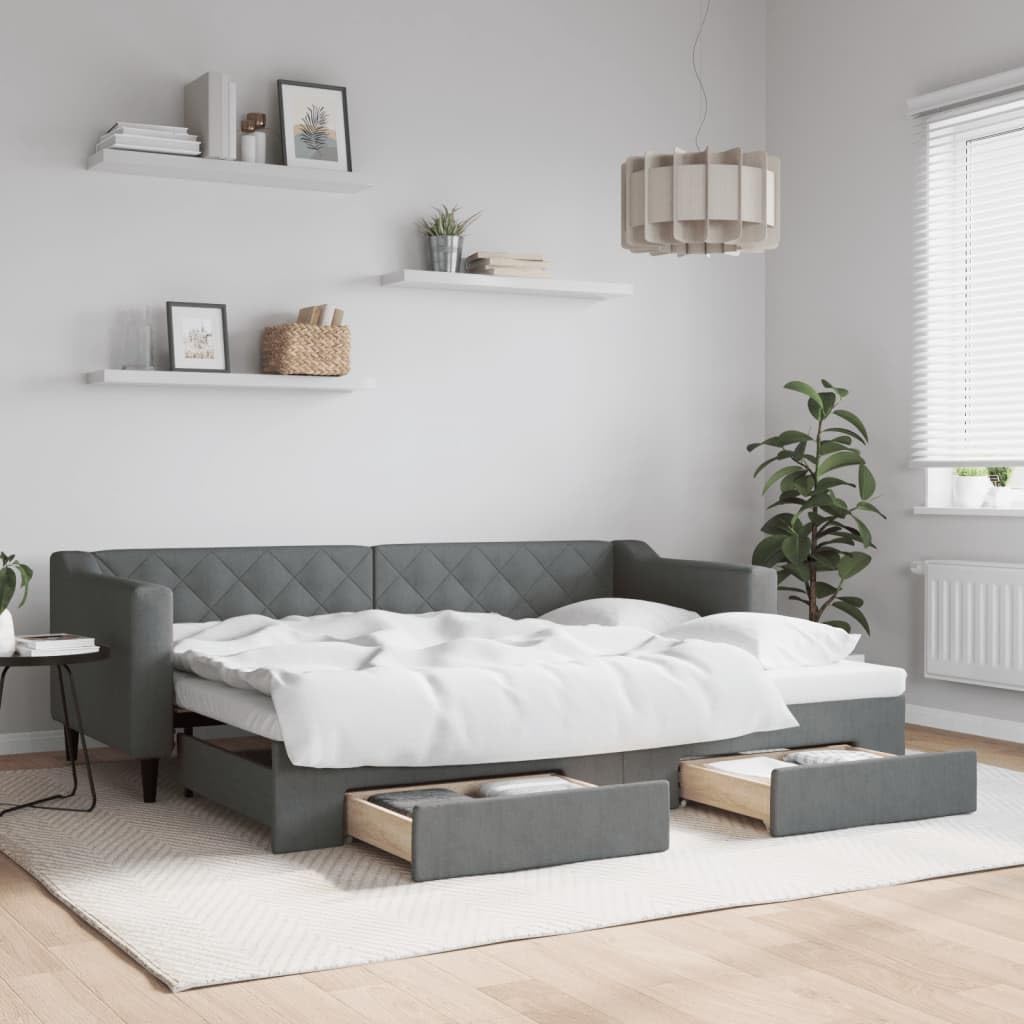 Homgoday Sofá Cama Nido con cajones Tela Gris Oscuro 80x200 cm Sofa Cama de Madera Maciza con cajones, Sofa Cama Extraible con Cama Nido y cajón