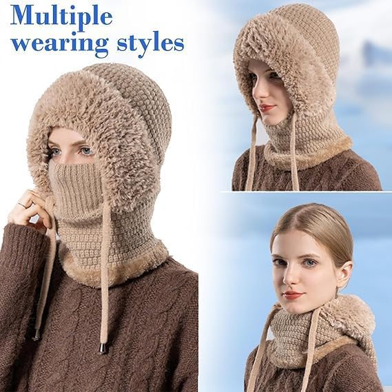 3 in 1 Beanie Hat for Women, Sherpa Hood Ski Mask, Fall Winter Warm Knitted Windproof Balaclava Scarf with Face Cover - Image 2