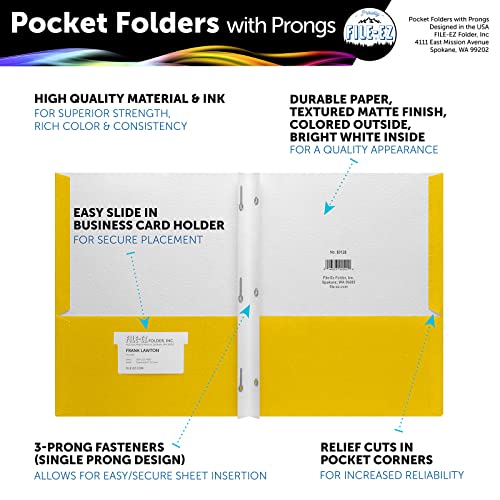 File-Ez Two-Pocket Folders With 3-Prong Fasteners, Yellow Color, 25-Pack, Durable Textured Paper, Matte Finish, Letter Sheet Size (Ez-92570) #TOP1