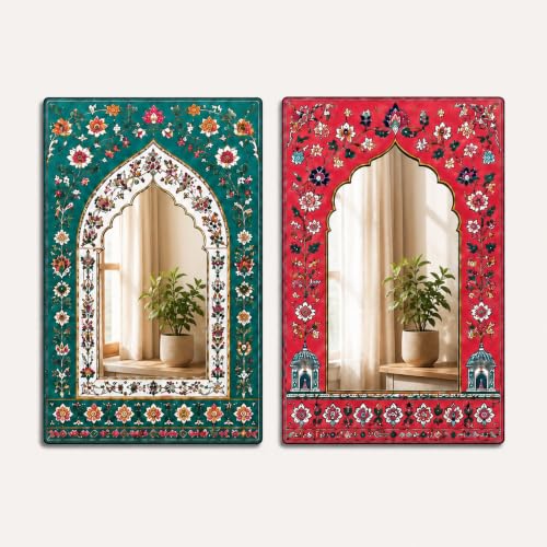 Image of American Elm Pack of 2 Jharokha Mirror Wall Decor for Home Decor Living Room Bedroom and Entryway Arch Acrylic Mirror Wall Hanging Ready to Hang