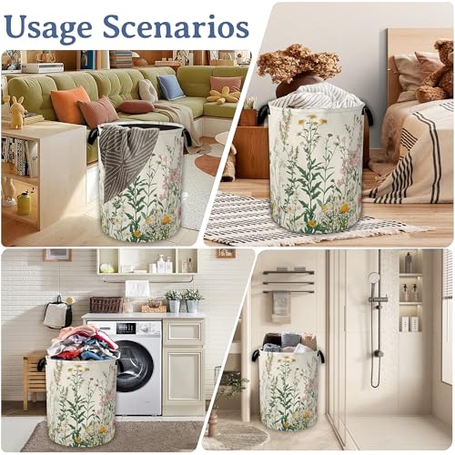 Image of Wildflowers Laundry Hamper With Handle,Foldable Oxford Cloth Vintage Herb Flower Botanical Laundry Basket,20.8 inchx16 inch Clothes Storage Basket for Laundry Room /Bedroom /Bathroom