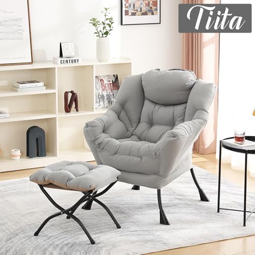 Image of Tiita Lazy Chair with Ottoman, Light Grey Modern Large Accent Chair, Comfy Leisure Sofa Armchair with Ottoman, Reading Chair with Footrest for Bedroom, Living Room, Dorm Rooms, Peach Light Grey