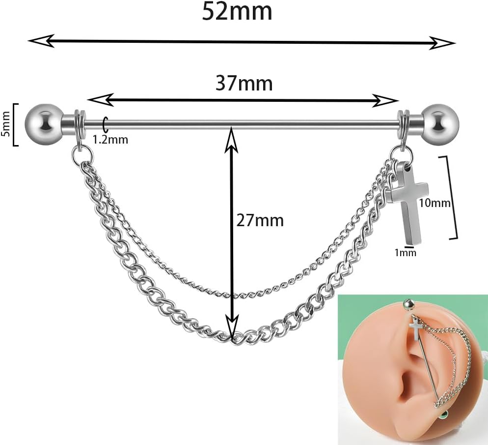 16G Cross Chain Industrial Barbell Earrings for Women Men Stainless Steel 38mm Industrial Piercing Jewelry Chains Dangle Industrial Bar Conch Helix Cartilage Earrings