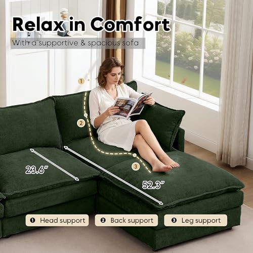 Image of 102 inch L Shaped Modular Sectional Sofa, Comfy Upholstery Chenille Cloud Couch with Ottoman, Modern 4-Seat Deep Seat Sofa with Pillow for Living Room, Bedroom, Apartment (Green)