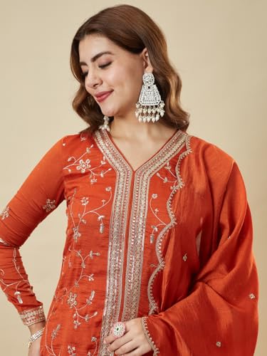 Image of MOKOSH Women's Silk Embroidery Kurta Sharara with Dupatta | Kurta Set | V Neck Full Sleeve Ethnic Suit | Indian Kurta Outfit with Sharara |3 Piece Outfit