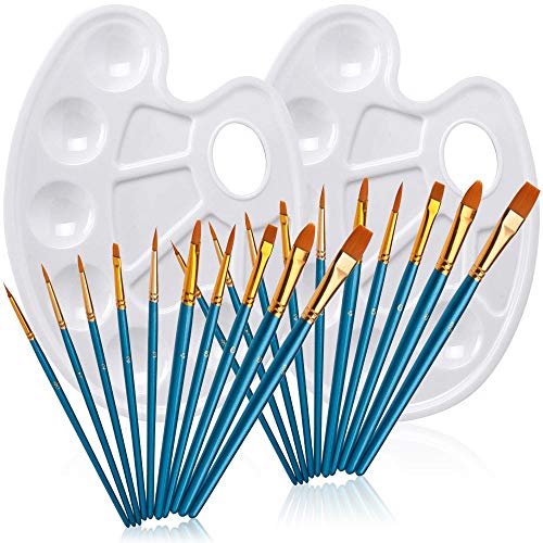 20 Pcs Paint Brush Set with 2 Pcs Paint Tray Palette, FineGood Round Pointed Tip Nylon Hair Paintbrush for Kids Students Beginners - Brown