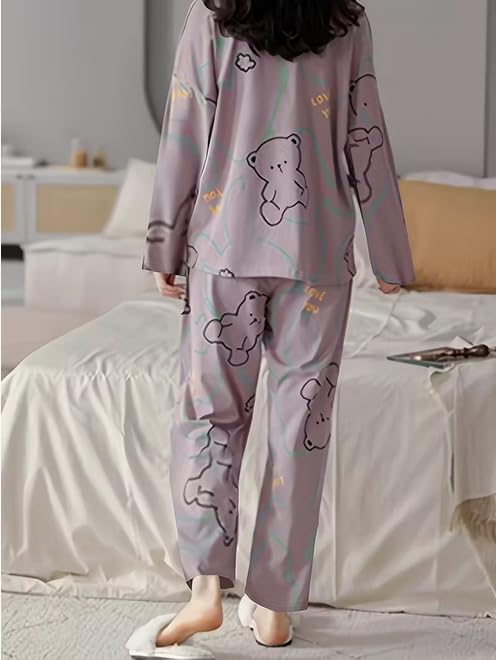 Image of Lunza Women's Cotton Blend Pajama Set, Short Sleeve T-Shirt and Shorts, Cute Bear Print Nightwear