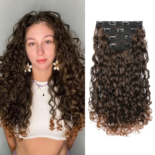 REECHO Curly Hair Extensions - 4PCS 18' GoGo Curly Clip in Hair Extensions 100% Super Protein Hairpieces with Invisible Lace Weft Silky Soft Natural Look for Women - Chocolate Brown with Lighter Ends