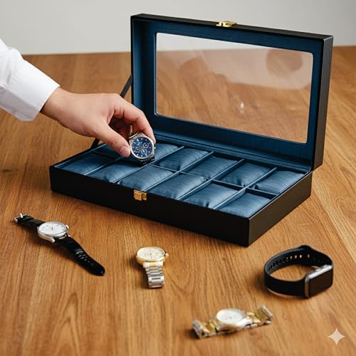 Image of Men's and Women's Watch Box Holder Organizer Case In 12 watches box organizer In PU Leather with Black & blue