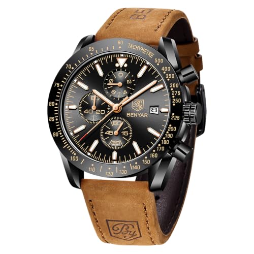 Image of BENYAR Mens Watches Quartz Movement Chronograph Leather Strap Fashion Business Sport Design 30M Waterproof Scratch Resistant Elegant Gifts for Men
