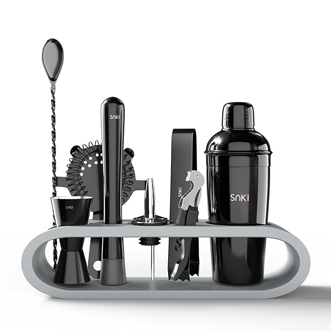 Image of SAKI|10 Piece Bartender kit Black (Cocktail Shaker Gift Set with Gray Stand), Bartender Kit: Shaker, Spoon, Jigger, Muddler, Strainer, Wine & Beer Bottle Opener, Pour Spouts & Tongs (with Colour Box)