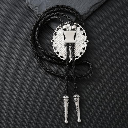 Image of Jeilwiy Bolo Tie for Men Real Stone Westwern Cowboy Ties Silver Bolos Women Leather Necktie Gift for Birthday Christmas