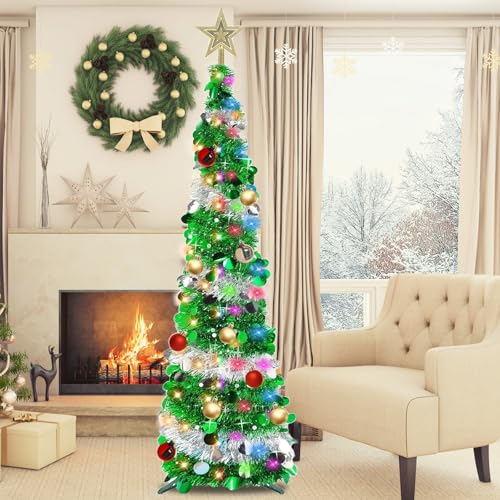 UONNO 5Ft Pop Up Christmas Tree Foldable Pencil Tree with 50 Color Lights Ball Ornament Holiday Xmas Party Decorations (Green Silver)