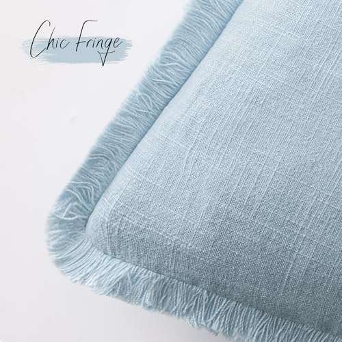Image of Foindtower Set of 2 Decorative Linen Fringe Throw Pillow Covers Cozy Boho Farmhouse Cushion Cover with Tassels Soft Accent Pillowcase for Couch Sofa Bed Living Room Home Decor,20x20 Inch,Light Blue