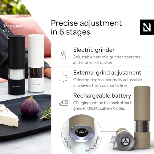 Image of LARS NYSOM Electric Salt and Pepper Grinder Set I Automatic Salt and Pepper Mills with Adjustable Ceramic Grinder I USB Rechargeable Electric Spice Mill Set with LED Light (Taupe Brown)