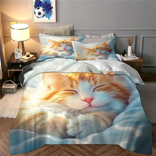 Housse de couette chat mignon 3D 200x200 avec 2 taies d'oreiller en microfibre pastel - 6