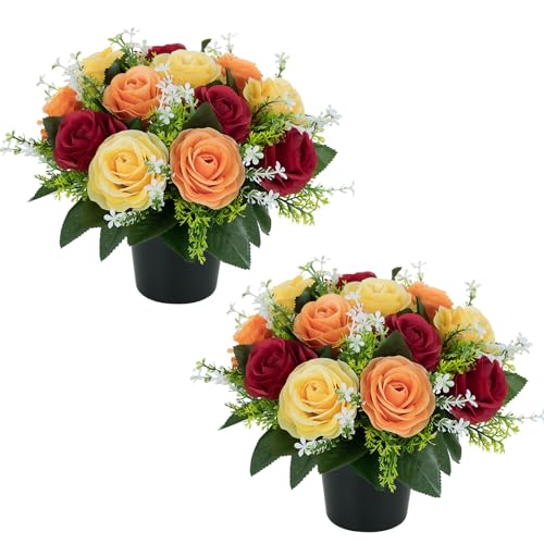 BLOSMON Künstliche Blumen im Topf für Grabschmuck: 2 Stücke Rot Gelb Orange Kunstblumen Künstlich Rosen Grabgestecke mit Vase für Grab Friedhof Deko Grabgesteck mit Grabvase für Grabstein Grabdeko