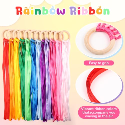 Image of Junkin Ribbon Rings Hand Kite Waldorf Toys Dancing Wrist Ribbons Rainbow Streamers with Wood Ring Educational Toy for Playroom Dancing Birthday Party Gift(Solid Color,24 Pcs)