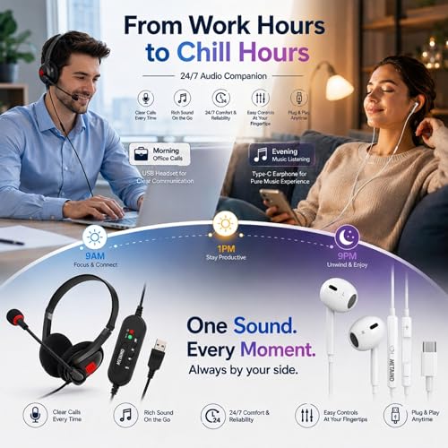 Image of Metaind USB Headset with Mic Meta MT440 for PC & Laptop and CT100 Type-C Earphone Combo for Calling, Online Classes, Meetings & Work from Home