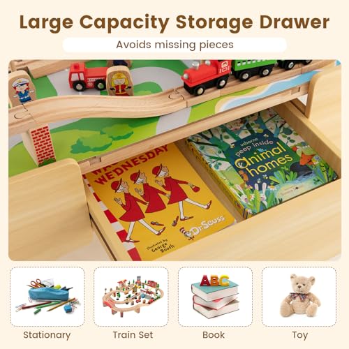 Image of Costzon Train Table, 3-in-1 Wooden Train Set Table w /Reversible 84 PCS Track Train Toys, Table Map & Storage Drawer for Building, Playing, Studying, Kids Activity Table for Toddlers Aged 18 M+