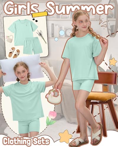 Image of Oakgarden Summer Outfits for Girls 5-14Y Athletic Casual Sets Kid Short Sleeve Shirt Bike Shorts 2 Piece Tween Trendy Clothes