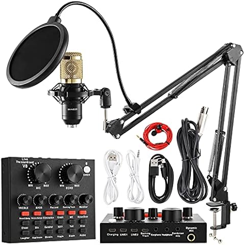 RUBEHOOW Condenser Microphone Bundle, BM-800 Mic Kit with Live Sound Card, Adjustable Mic Suspension Scissor Arm,Metal Shock Mount, and Double-Layer Pop Filter for Studio Recording&Broadcasting(Gold) Cover