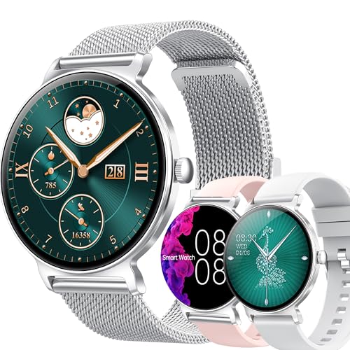 1,27" AMOLED Montre Connectée Femme avec Appel Bluetooth 5,2/Numérotation, Smartwatch Compatible Samsung Huawei Android iOS Podometre GPS Partagé Montre 123 Sports Cardiofrequencemetre (Argenté)