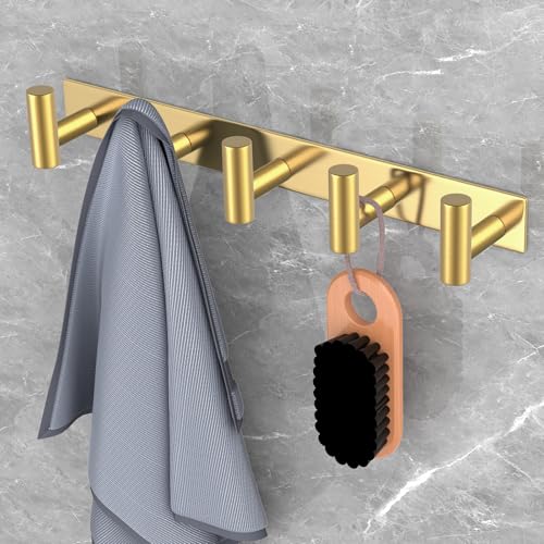 Image of PMMASTO Coat Rack Wall Mounted, 5 inchT Shaped Wall Hooks for Hanging, Heavy Duty Stainless Steel Coat Hook Rail for Hat Towel Robes in Bathroom Kitchen Mudroom Entryway (Gold, 1 Pack)