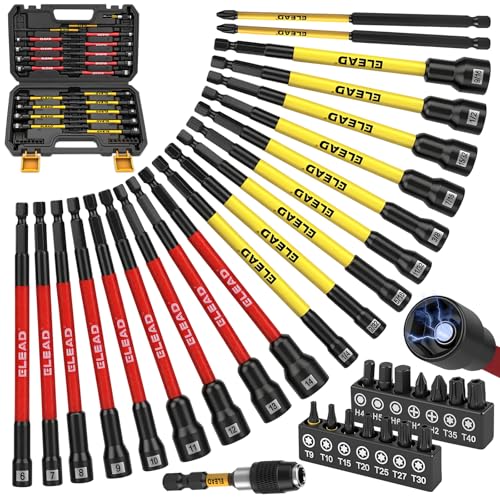 Magnetic Nut Driver Bit Set, 35-Piece Extra Long Nut Driver Set for Impact Drill, Metric & SAE, PH1 & PH2 Screwdriver Bits 1/4 Drive Shank Adapter Extension, Durable for Professional Projects