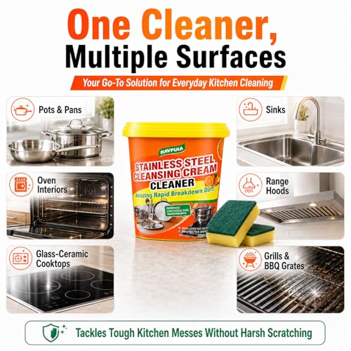 Image of STAINLESS STEEL CLEANER & POLISH - Heavy Duty Cleaning Paste for Stove, Oven, Pans, Cookware, Sink | All Purpose Multi-Purpose Household Cleaner | Removes Grease & Stains | with 2 Sponges (500g)