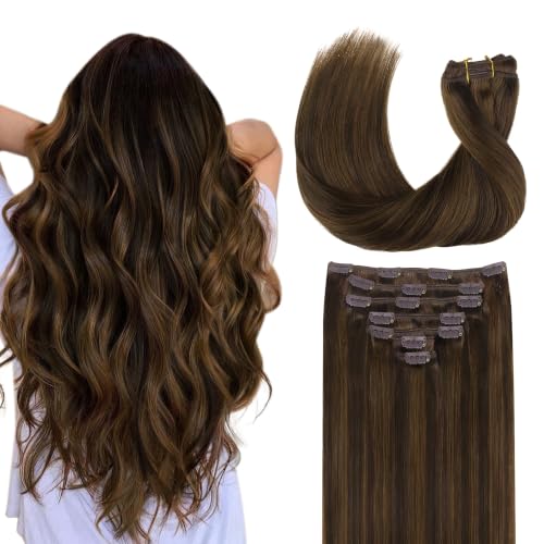 Image of GOO GOO Clip in Hair Extensions Real Human Hair, Remy Human Hair Extensions Clip ins for Women, Natural Human Hair, 14inch 120g 7Pcs, 2C /4E /6C Brown Sugar Swirl Highlights