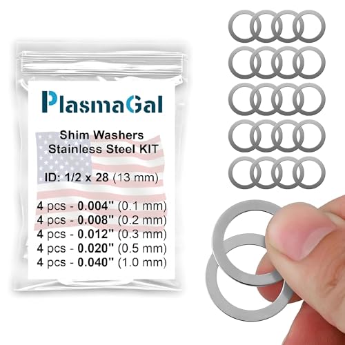 PlasmaGal - 1/2 x 28 Muzzle Shim Kit for .223 & 5.56 Calibers (20 Pieces) Stainless Steel Barrel Washers for Perfect Alignment (4 Units x 5 Thickness - 0.004/0.008/0.012/0.020/0.040)