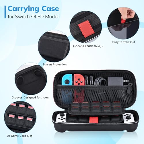 Younik Switch OLED Accessoires Bundle, 15 en 1 Kit d'accessoires, étui de Transport Switch, 29 emplacements pour Cartes, Support réglable,2 protecteurs d'écran 2 poignées et boîte de Protection en TPU – vue 3