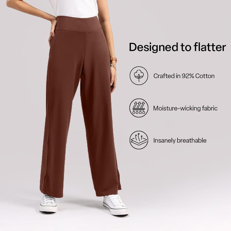 Image of BlissClub AM:PM Cotton Wide Leg Pants - Lite, Cotton Pants, Wide Waistband, Slit at Hem, Side Pockets, Regular (for Women Upto 5'4 ft)