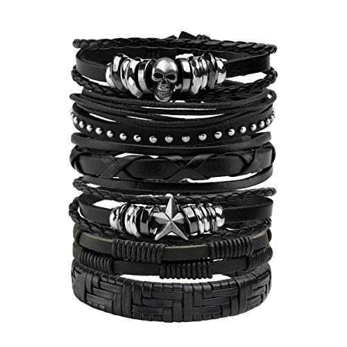 Eigso 6 Pcs Skull Leather Braided Bracelet Set for Men Women Retro Vintage Punk Pirate Cuff Wristbands for Man Woman