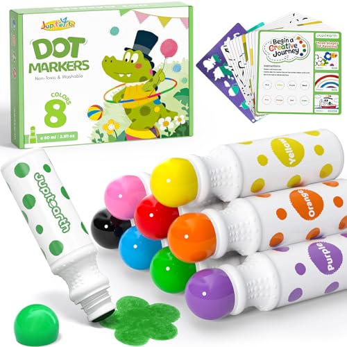 JUPITEARTH 22 PCS Dot Markers for Toddlers, 8 Colors Washable Bingo Daubers with 120 PDF & 12 Printed Activity Papers 2 Stencils, Non-Toxic Dot Paint for Toddler 1-3, Markers for Kid Arts and Crafts